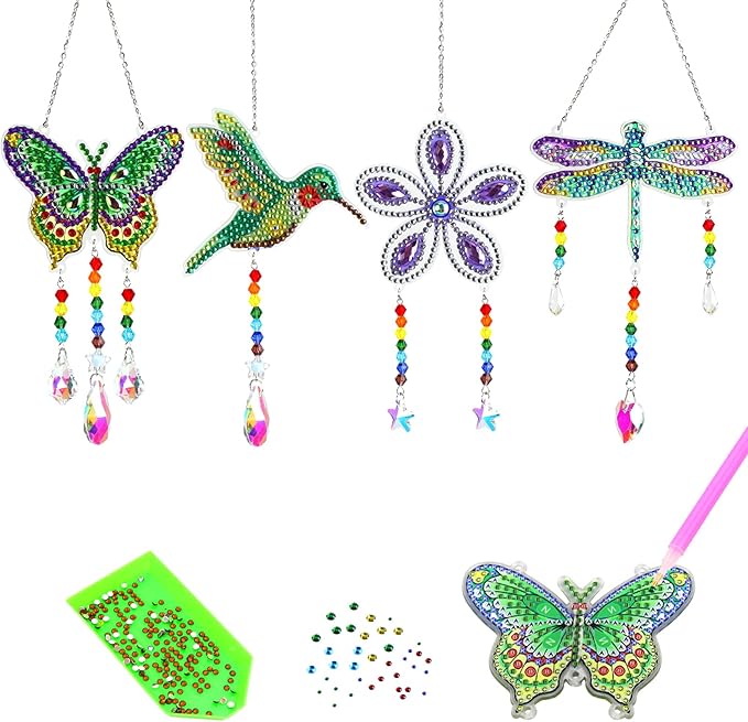 Bingcute Diamond Art Painting Suncatchers, 4 pcs Sun Catchers Diamond Art Painting Kits for Kids DIY Crafts for Adults Hummingbird Prism Crystal Suncatchers Wind Chime Windows Garden Decorations