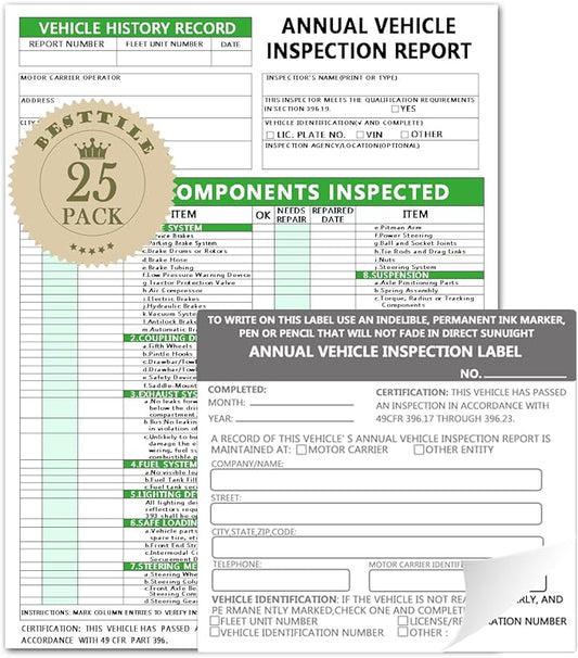 Annual Vehicle Inspection Report Form Dot Annual Inspection Forms and Stickers, 25-pk 3-Ply Carbonless Adhesive Vinyl Label 2-Ply, Driver Vehicle Inspection Report Book for Truck Drivers