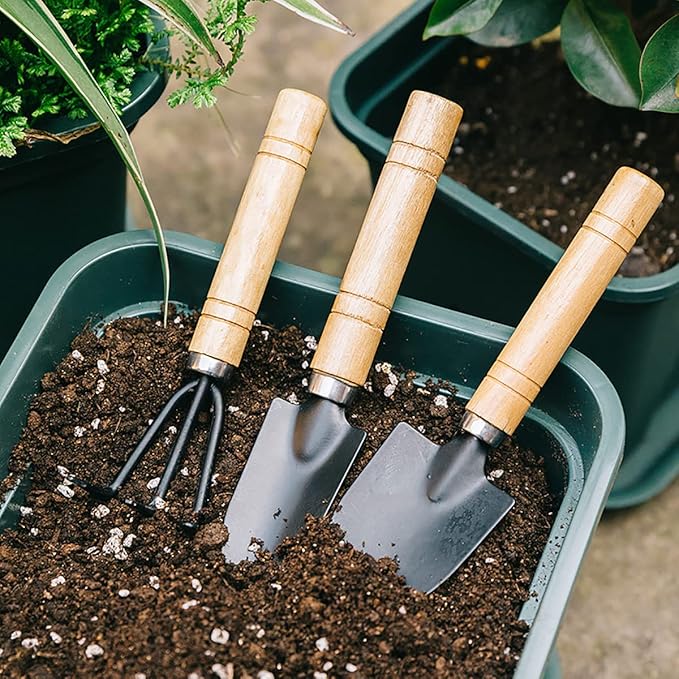 Garden Tools Set-Garden Rake Trowel, Small Succulent Plant Transplant Trowel Set,3 Piece Mini Premium Gardening Hand Kit,1 Narrow Shovel,1 Wide Shovel and 1 Garden Tools Set Gift for Older and Kids