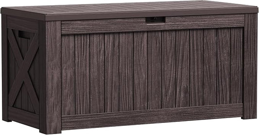 Greesum 120 Gallon Outdoor Storage Box with Lock - Large Resin Deck Box, Reinforced Lid for Garden, Patio, Lawn, Brown