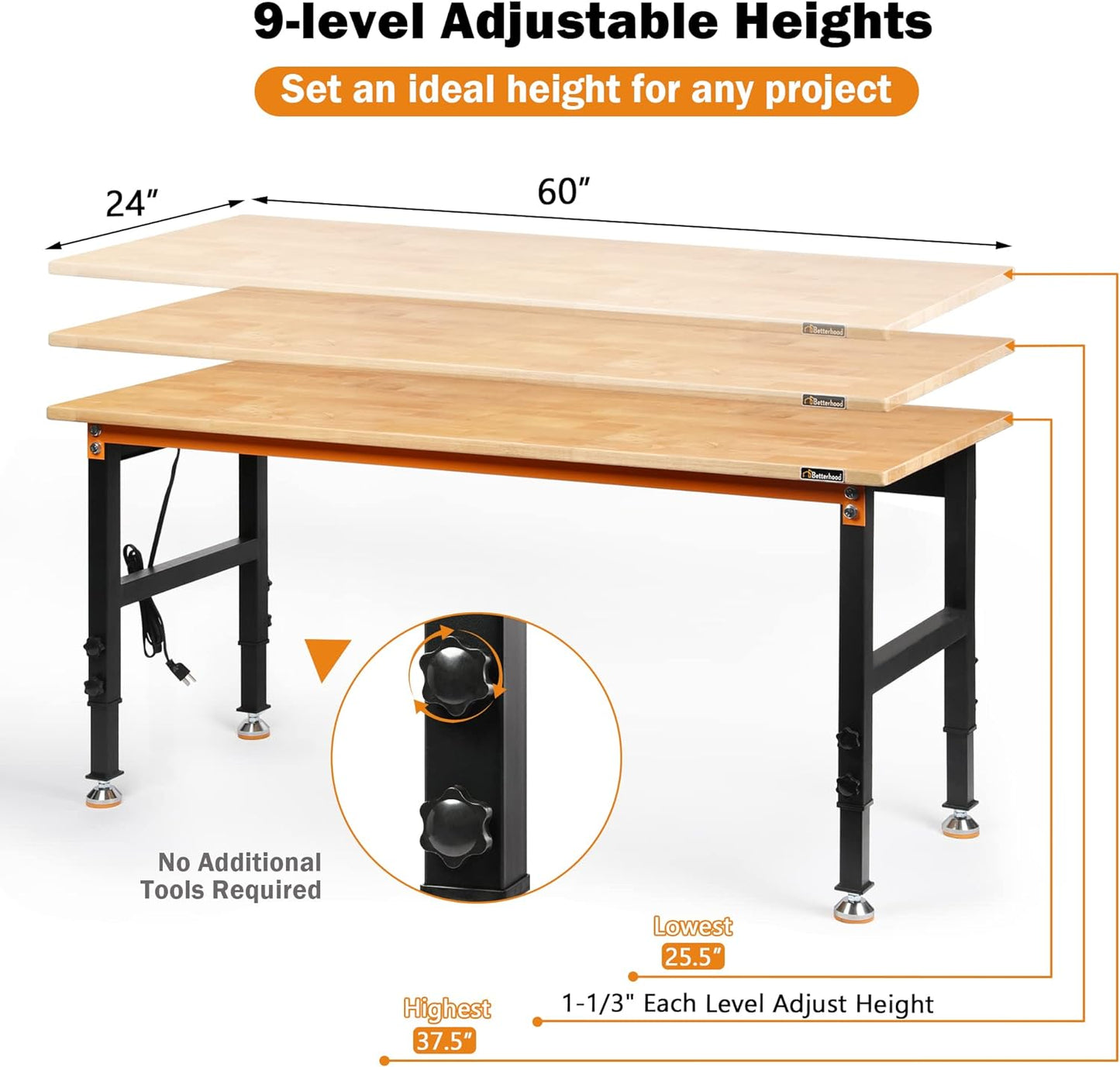 Adjustable Height Workbench, 60" Rubber Wood Top Heavy Duty Workstation with Power Outlets, 2000 LBS Load Capacity Hardwood Worktable for Workshop, Garage, Office, Home, Commercial