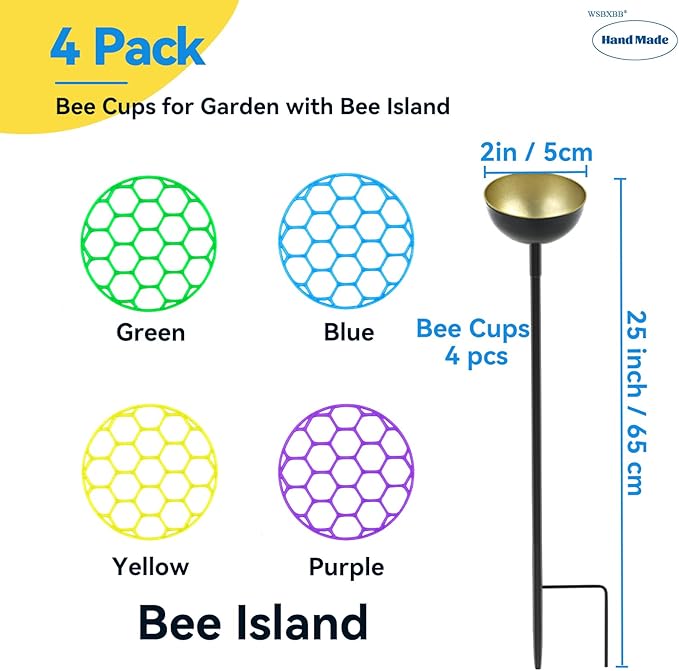 4 Pack Bee Cups for Garden with Bee Island, Bee Waterer and Butterfly Water Stations, Bee Water Catcher Cups for Thirsty Pollinators, Bee Bath, Colorful Metal Garden Sculpture Stakes Decor