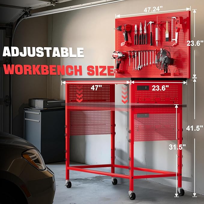 47" Heavy Duty Adjustable Workbench with Power Outlets, Pegboard & Locking Wheels - 2100LB Capacity Garage Work Table, Compatible with Milwaukee Battery, Reinforced Steel Frame for Workshop & Home Use