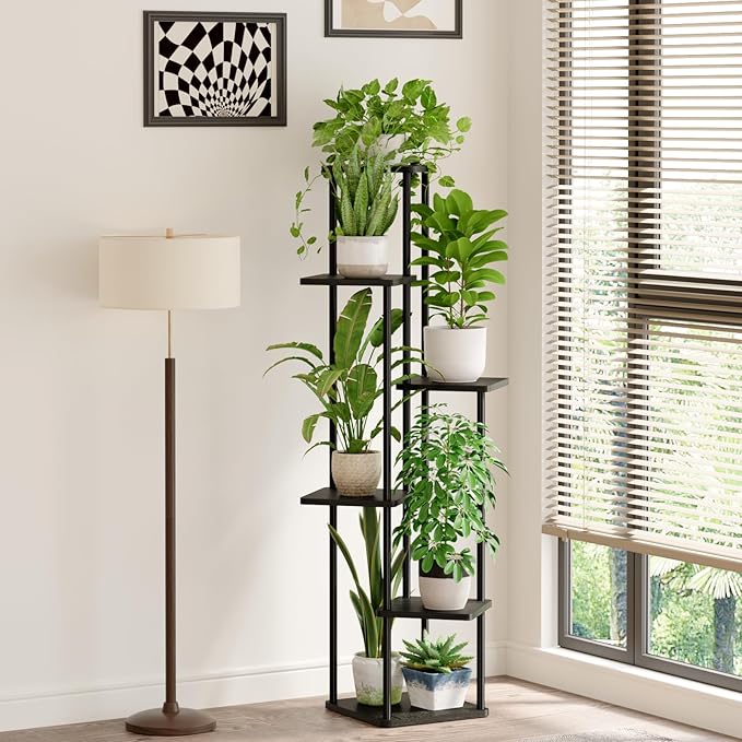 Bamworld 6 Tier Plant Stand Indoor, Tall Metal Plant Shelf for Multiple Plants, Corner Tiered Flower Stand for Patio Garden Balcony Living Room Bedroom(Black)