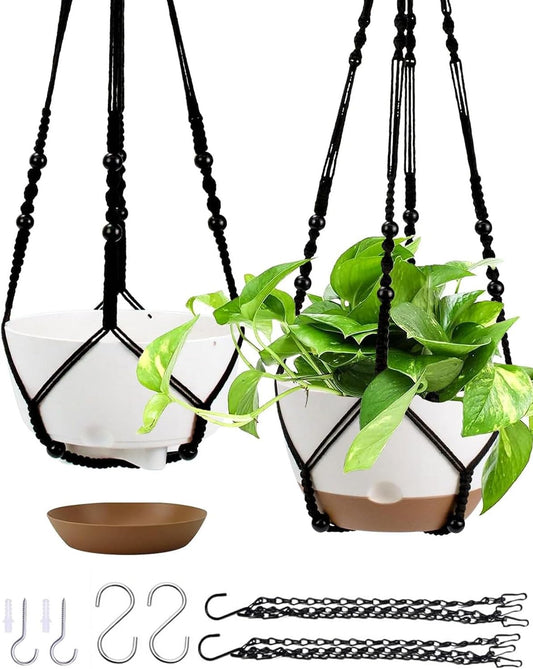 Hanging Planter Self Watering 10 Inch, 2 Pack Indoor Outdoor Hanging Baskets, Hanging Flower Pots with Drainage Hole & 2 Kinds of Plant Hangers for Garden Home Decor(Black Hanger