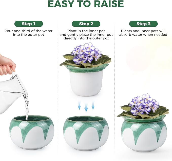 African Violet Pots, 6 inch Ceramic Easy Self Watering Plant Pot for Busy Plant Lovers, Automatically Absorb Appropriate Amount of Water, Flower Pot Indoor-Plants Not Included(Green)