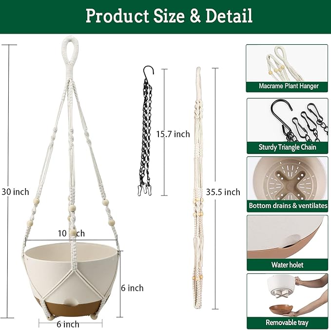 Hanging Planter Self Watering 10 Inch, 2 Pack Indoor Outdoor Hanging Baskets, Hanging Flower Pots with Drainage Hole & 2 Kinds of Plant Hangers for Garden Home Decor(Cream)…