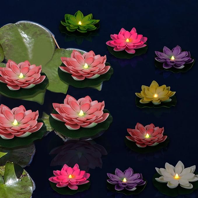 12 PCS Waterproof Floating Lotus Light - Diwali 5 Inch Floating Flower Light Battery Operated Water Activated Warm White Light Pool Flower Lamp Wedding,Anniversary,Garden Decoration(Mix-Color)