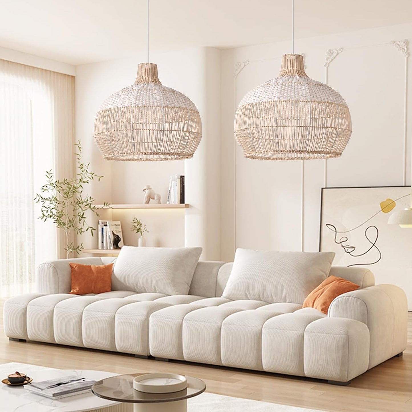 Arturesthome White Rattan Pendant Light for Kitchen Island Sink, Wicker Chandelier, Handmade Woven Hanging Ceiling Light Lampshade