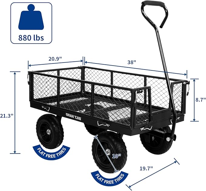 BILT HARD 880 lbs 10" Flat Free Tires Steel Garden Cart with 180° Rotating Handle and Removable Sides, Heavy Duty 4 Cu.Ft Capacity Utility Garden Carts and Wagons, Black