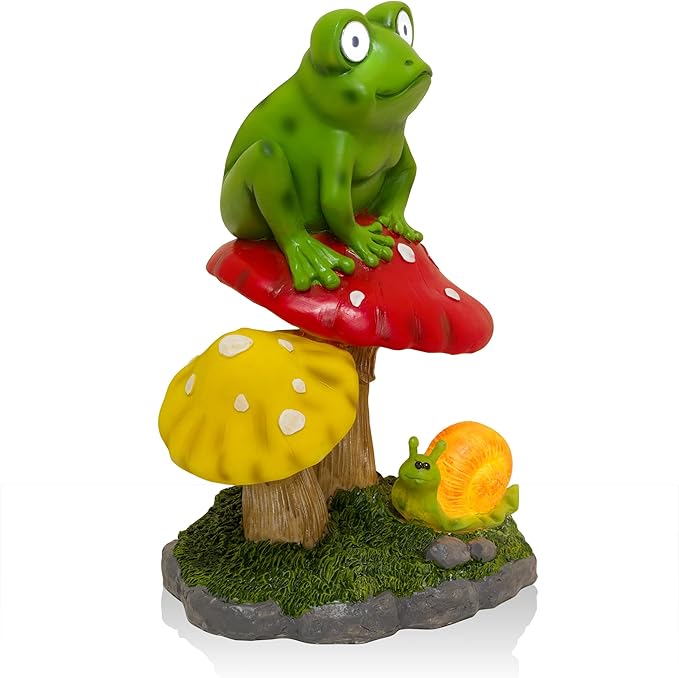 Alpine Corporation ZEN390SLR-S Frog on Mushroom Statue with LED Lights, Solar-Powered LED Frog Garden Statue, 12" H, Green