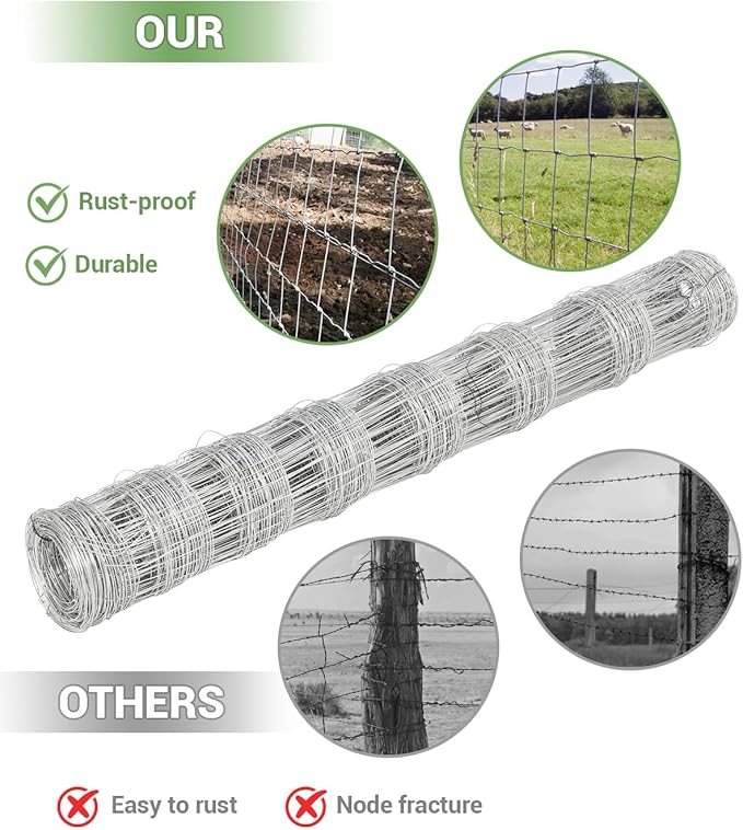9GA Thickened Heavy Duty Cattle Farm Fence, 4ft x 328ft Galvanized Goat Deer Fence, Heavy Zinc Coating Hog Wire Fencing for Farm Livestock Animals Protection
