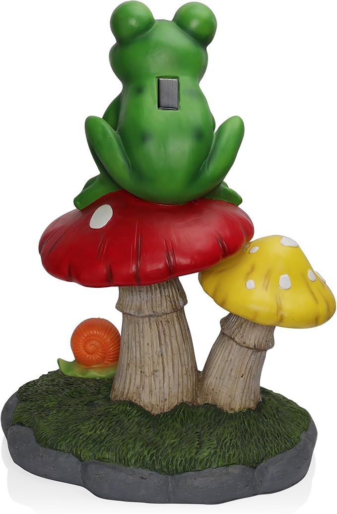 Alpine Corporation ZEN390SLR-L Frog on Mushroom Statue with LED Lights, Solar-Powered LED Frog Garden Statue, 24" H, Green
