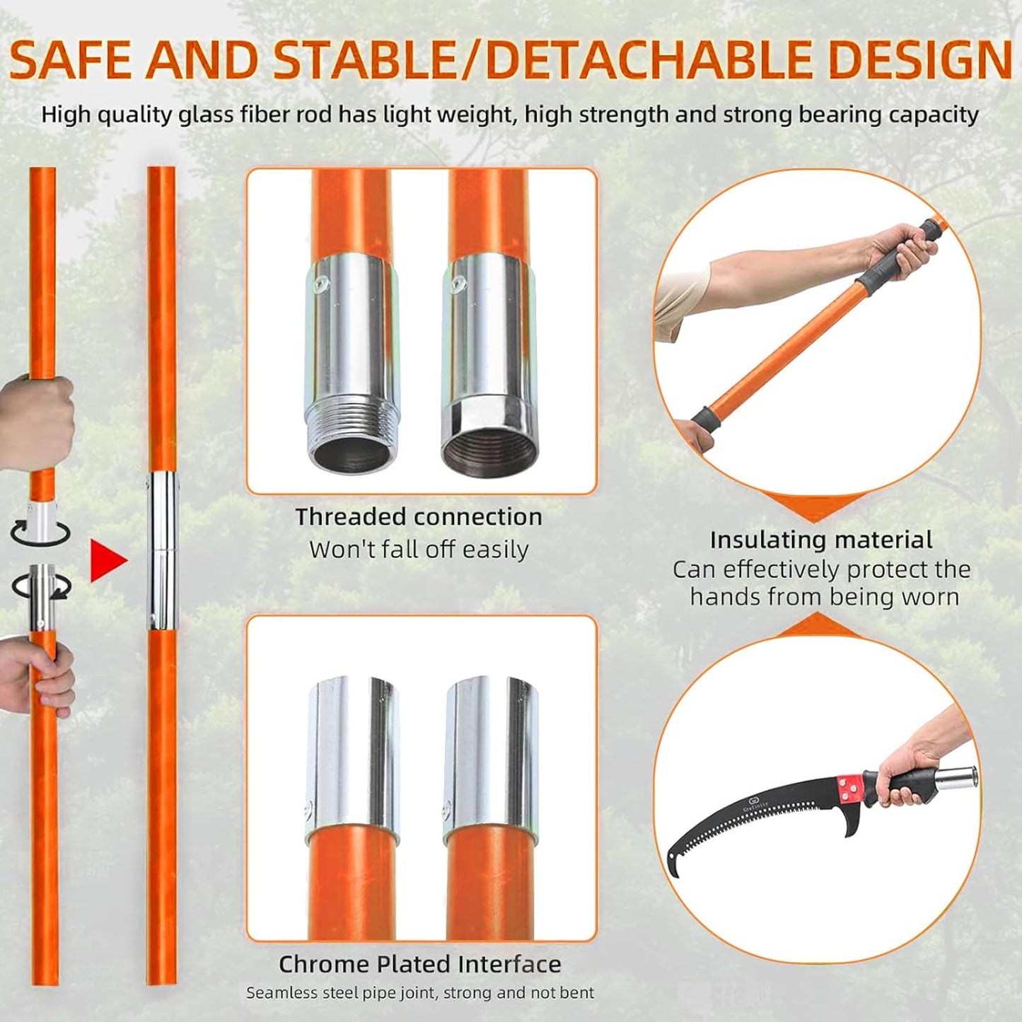 27FT Manual Pole Saw, Tree Branch Trimmer with 8-Section Fiberglass Handle, Sharp Steel Blade and Scissors, Lightweight Extendable Design for High Branch Trimming,Orange