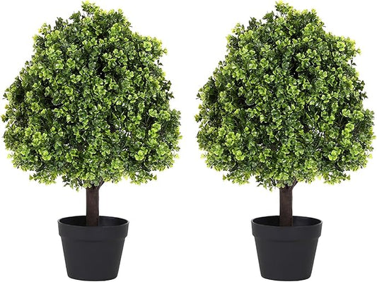 27“ Realistic Artificial Boxwood Topiary Trees Set of 2, Faux Boxwood Plants Outdoor UV-Resistant, No Maintenance Curb Appeal Fake Evergreen Bushes & Shrubs for Front Porch Outside Planter Decor