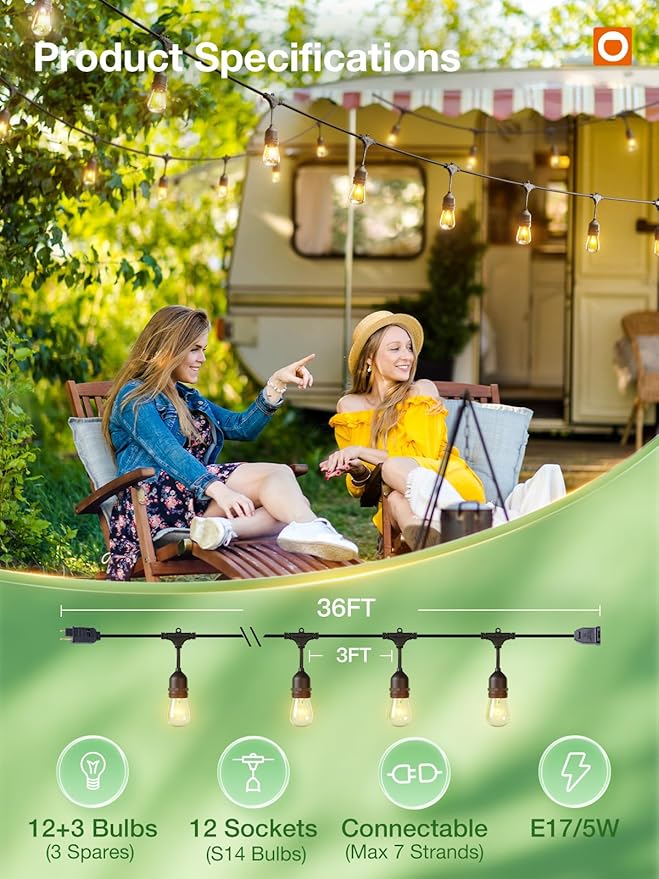 addlon 36 FT Outdoor String Lights Commercial Grade Weatherproof Strand, 15 Edison Vintage Bulbs, 12 Hanging Sockets and 3 Spare Bulbs, ETL Listed Decorative Cafe Patio Lights for Bistro Garden