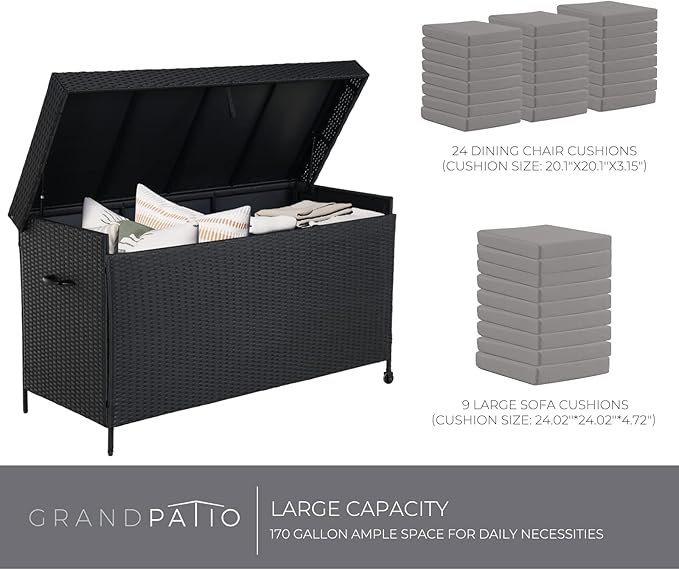 Grand patio 170 Gallon Deck Storage Box Deck Box Outdoor Storage Box Indoor Wicker Storage Bin Patio Storage Box for Patio Furniture Cushions Garden Tools Pool Accessories, Black