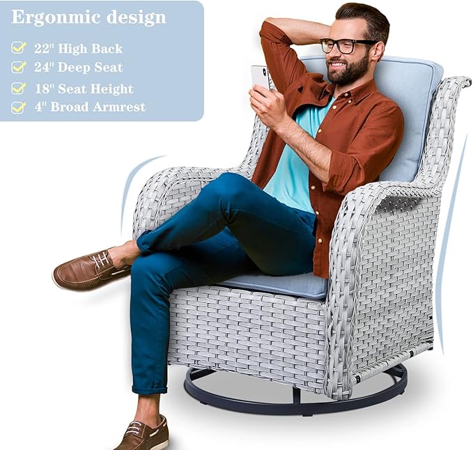 5 Piece Outdoor Patio Furniture Set - Wicker Furniture Patio Conversation Set, Outdoor Swivel Rocker Chairs with 3-Seater Sofa and 2 Ottomans for Small Space, Baby Blue Cushion