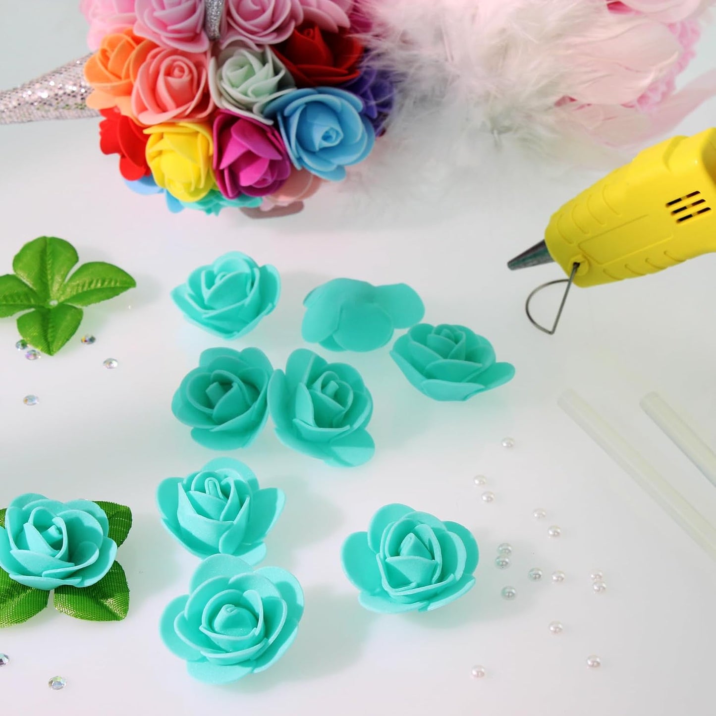 500 Pcs 1.4 Inch Mini Artificial Flowers Head Bulk 5 in 1 Set Faux Foam Fake Small Rose Tiny Baby Flores Bouquet Cake Gift Home Decoration DIY Craft (Teal Green)