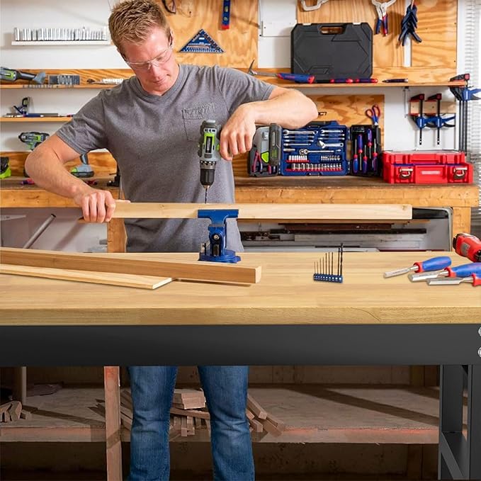 60" Adjustable Workbench,Heavy-Duty Work Table,3000 LBS Load Capacity Hardwood Workstation Outlets with Power Strips, Drawers and Wheels,for Workshop, Garage