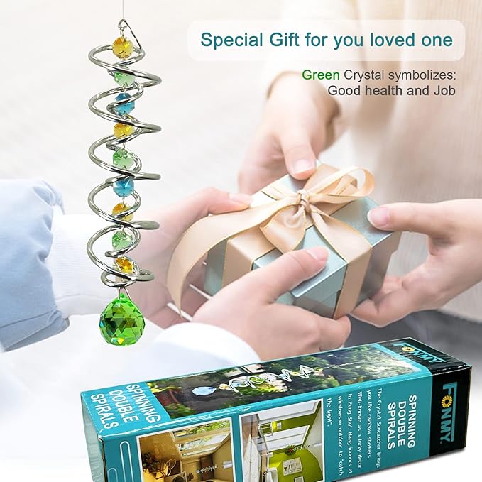 FONMY Gazing Ball Spiral Tail -Decorative Wind Spinner Sun Catcher Rainbow Maker Double-Spiral W/Green Crystal Ball and Chain Crystals for Indoor Outdoor Garden Decoration -14 inch Height