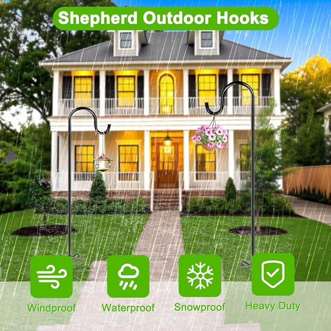 72" Shepherds Hooks for Outdoor, Heavy Duty Bird Feeder Pole with 7 Base Prongs, Adjustable Garden Hanging Holder for Bird Feeders, Solar Light Lanterns, Garden Plant Hanger Stands, 2 Packs