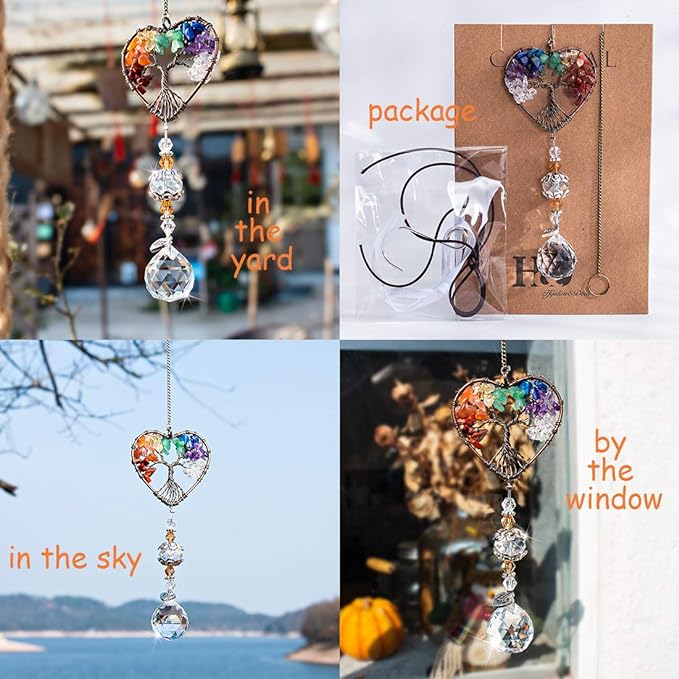 H&D HYALINE & DORA Suncatcher Window Hanging Tree of Life Heart Shaped Crystal Ball Prism Drop Pendant