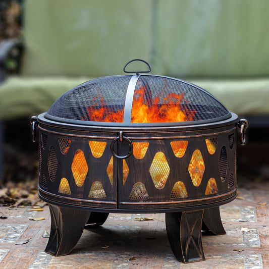 Breezz 26 Inch Wood Burning Fire Pit with Cooking Grill and Spark Screen, Outdoor Metal Round Firepit for Patio, Backyard, Bonfire Party, Camping and Garden