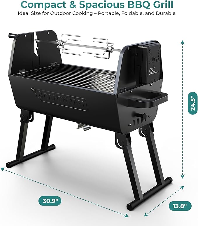 Brand‑Man 2‑in‑1 Charcoal BBQ Grill with Motorized Rotisserie – Portable, Foldable Grill, 257 sq in Outdoor BBQ Grill for Camping & Tailgate, Adjustable Height, Dual Vents