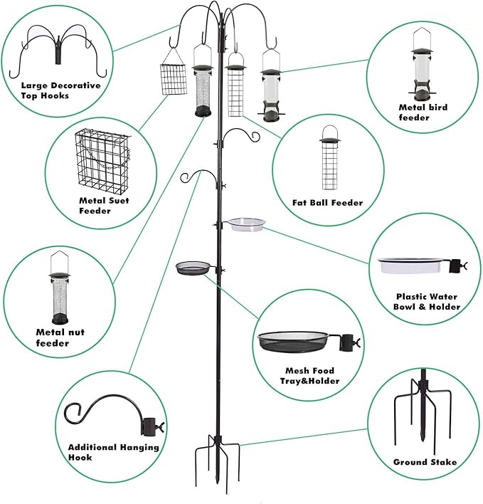 Bird Feeding Station Kit Pole Wild Bird Feeder Hanging Planter Hanger Multi Feeder Hanging with Metal Suet Feeder Bird Bath for Attracting Wild Birds