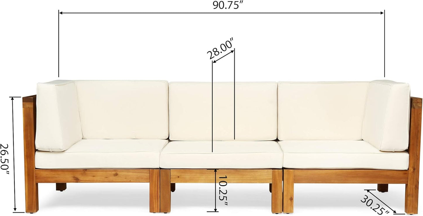 GDFStudio Outdoor Sectional Sofa Set | 3-Seater | Acacia Wood | Water-Resistant Cushions | Teak and Beige