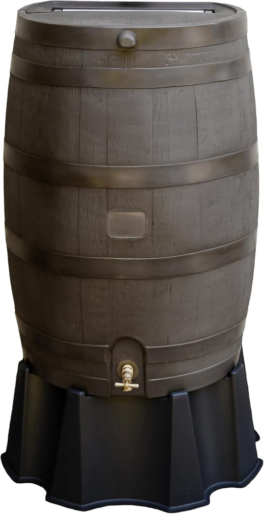 50-Gallon Rain Barrel, Flat Back Rain Water Collection Barrel, Stand Included, Walnut Color