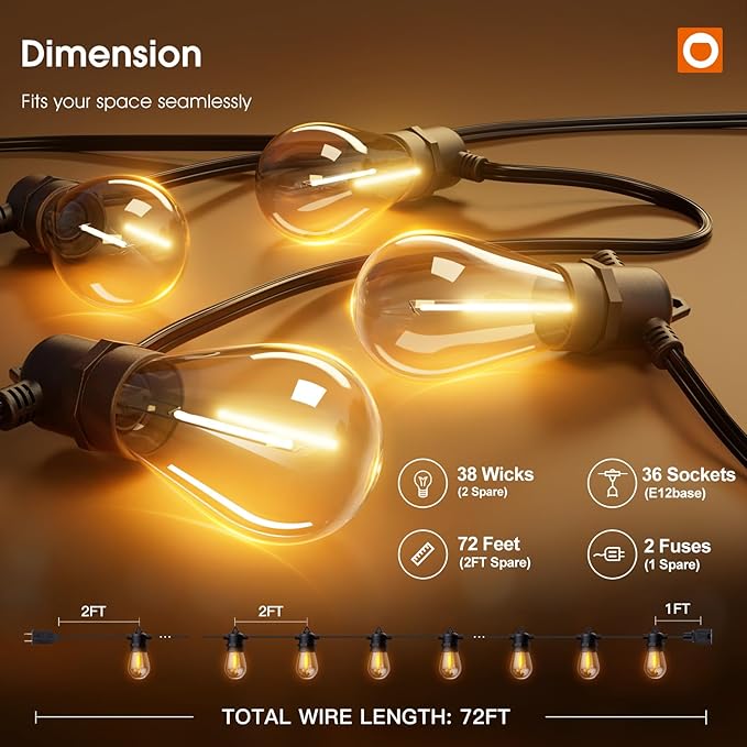 addlon 72FT(2FT Space) LED Outdoor String Lights with 36 Edison Shatterproof Bulbs, Heavy-Duty and Weatherproof Strand, Commercial Grade Patio Lights, Decorative for Patio, Black