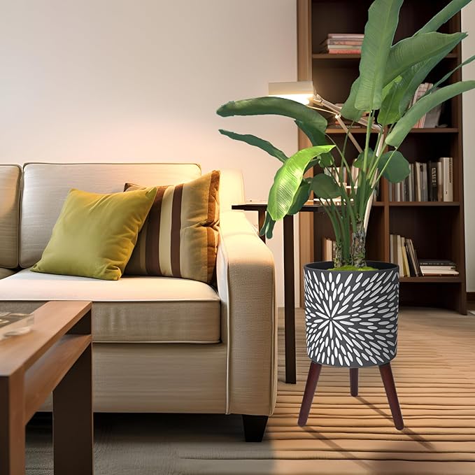 12 Inches Plant Pot with Stand, Large Modern Standing Planters for Indoor Plants with Drainage Holes, Gray Flower Pots with Legs