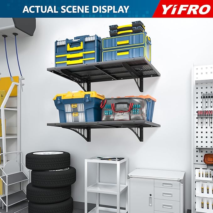 2-Pack 2x3ft Heavy Duty Garage Wall Shelving, 500 lbs Load Capacity, Garage Shelving Wall Mounted, Garage Storage Rack with Hooks, Black