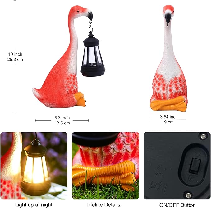 Goodeco Flamingo Statue with Solar Lantern - Artistic Pink Flamingo Decor for Outdoor Garden & Home, Flamingo Gifts for Women - Flamingo Lamp with Solar Lights Outdoor