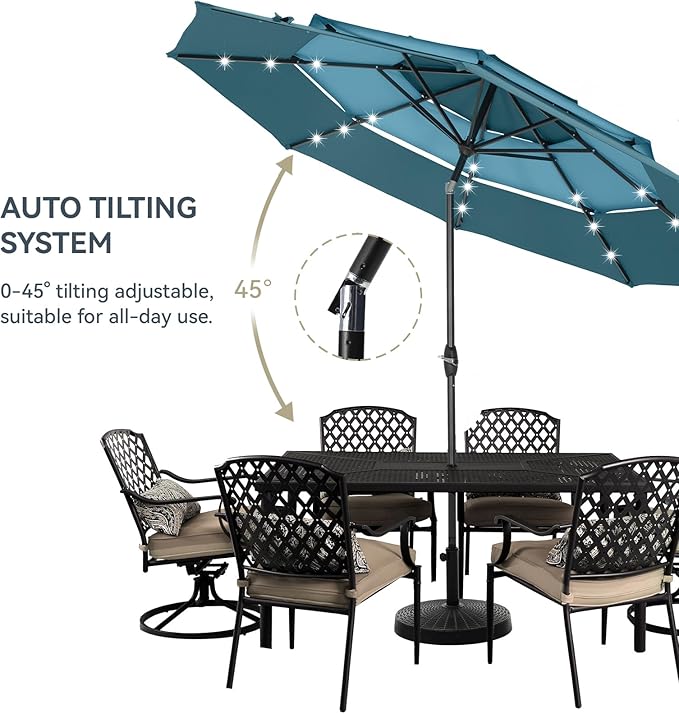 GREEN PARTY 10ft Outdoor Patio Umbrella, Auto-Tilt Market Table Umbrellas with Crank, 8 Sturdy Ribs & 1.5" Pole UV Protection for Garden Deck Backyard Pool