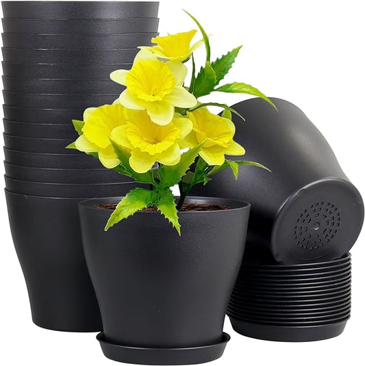 6 inch Plastic Nursery Pots, Seedling Pots, 16 Pack Plant Pots for Small Indoor Outdoor Plants, Flower Pots with Drainage Holes and Saucers, Decorative Planters for House Plants, Black