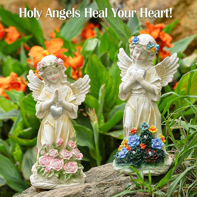 Angel Garden Statue 2Pcs,Love Heart Solar Garden Decor with Warm Light,Waterproof Praying Angel Statue with Flowers,Outdoor Garden Decor Sculpture for Lawn Yard Patio Garden Gifts,Apricot