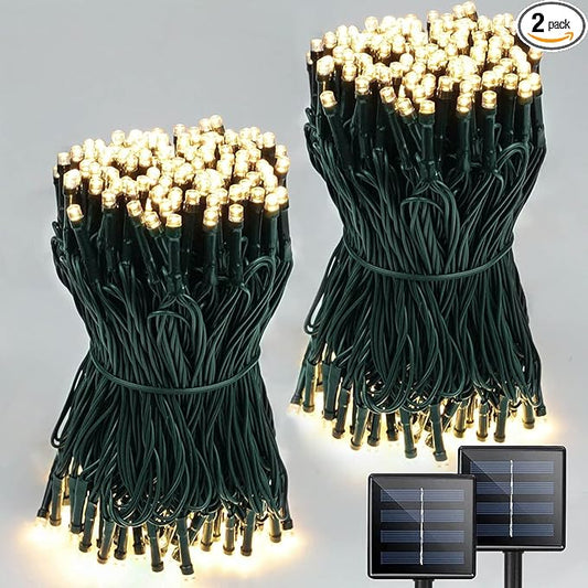 2 Pack Total 400 LED Solar Christmas Lights Outdoor, Solar String Lights for Outside with 8 Modes, Waterproof Green Wire Solar Powered Tree Light for Xmas Party Yard Garden Decorations (Warm White)