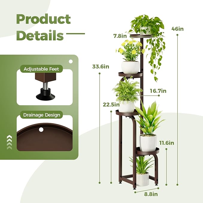 Bamworld Tall Plant Stand Indoor Outdoor, Corner Metal Flower Pot Stands for Multiple Plants, 4 Tier Brown Heavy Duty Plant Shelf for Patio Garden Balcony Living Room Bedroom