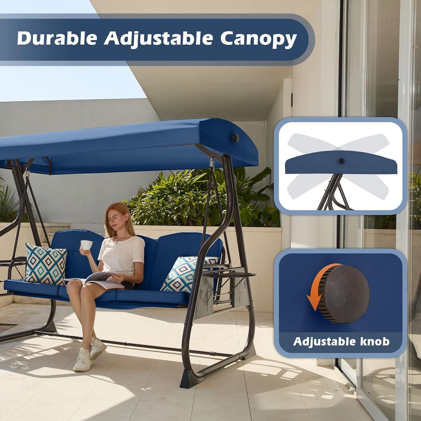 3-Seat Patio Porch Swing 800LBS Outdoor Swing with Stand w/Canopy & Adjustable Backrest Patio Glider Chair w/Removable Pillows & Foldable Side Tray for Balcony Garden Deck (Blue)