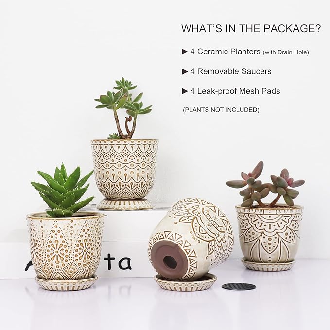 Gepege Succulent Pots, 4 Inch Small Indoor Ceramic Planter Pot with Drainage Holes and Saucers for Plants- Creamy White - Set of 4