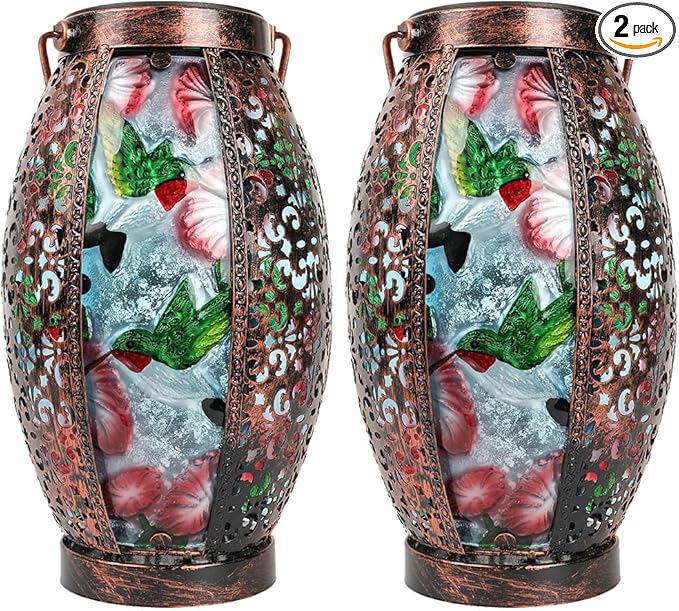 2PCS Hummingbird Solar Lanterns Glass & Metal Hanging Light Outdoor Waterproof 16" H Tabletop Lamp with Hollowed-Out Design with Shepherd's Hooks for Garden Patio Table Decor
