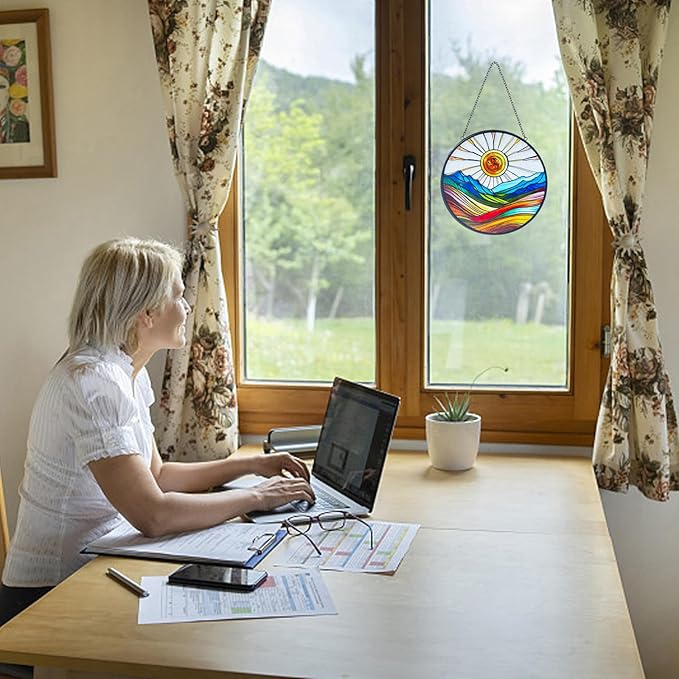 Artistic Colorful Sunrise Stained Glass Suncatcher - Window Wall Hanging Ornament Hand-Painted Glass Panel Sun Catcher - Decoration for Home Garden Christmas Party Wedding Housewarming Gifts