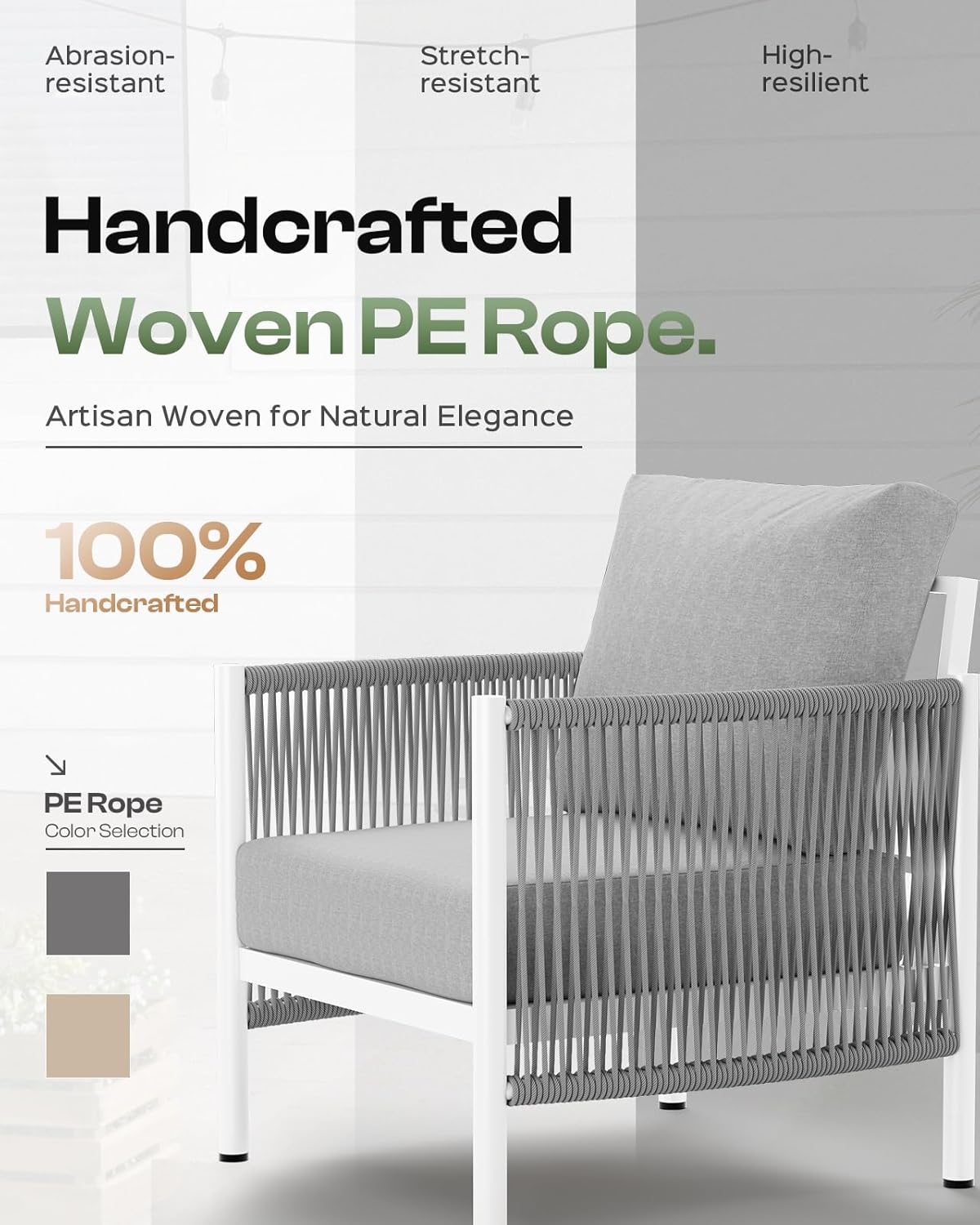 Aluminum Outdoor Sofa Armchair, HDPE Rope Patio Couch with Washable Thick Cushion, All-Weather Outdoor Patio Chairs Set of 2 for Balcony, Yard, White Frame, White