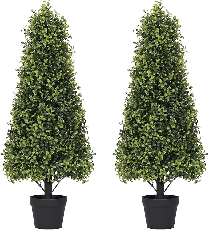 3ft Artificial Boxwood Topiary Trees (Set of 2) - UV Resistant Faux Plants Outdoor, Realistic 36in Fake Cone Bushes and Shrubs for Front Porch, Planter, Patio - Low Maintenance & Evergreen