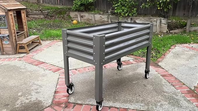 A ANLEOLIFE Galvanized Raised Garden Bed with Legs,48x24x35in Large Elevated Planter Box on Wheels with Drainage Holes for Backyard, Balcony, Patio, 600lb Capacity, Quartz Grey