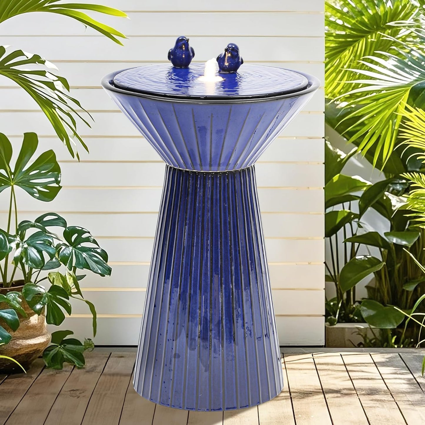 28" H Ceramic Birdbath Outdoor Fountain with LED Lights, Bird Accents & Fluted Texture, Bubbling Water Feature for Garden, Patio, Yard or Porch – Creates a Tranquil Oasis for Relaxation.