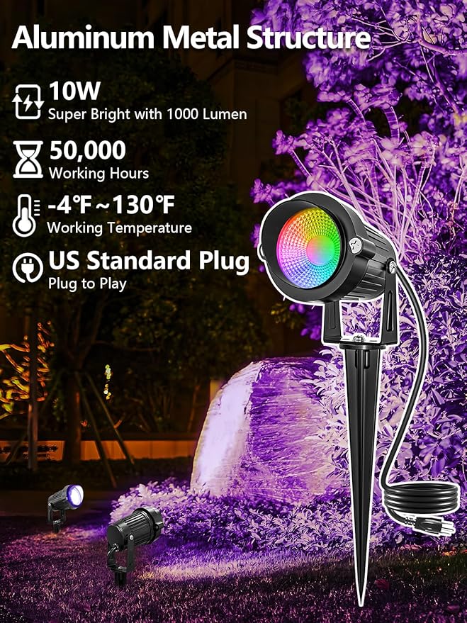 Halloween RGBW Outdoor Spotlights for Yard,10W Color Changing Landscape Lights with Remote Control 120V LED Landscape Lighting Waterproof Spotlight with Plug Tree Garden Path Decoration (2Pack)